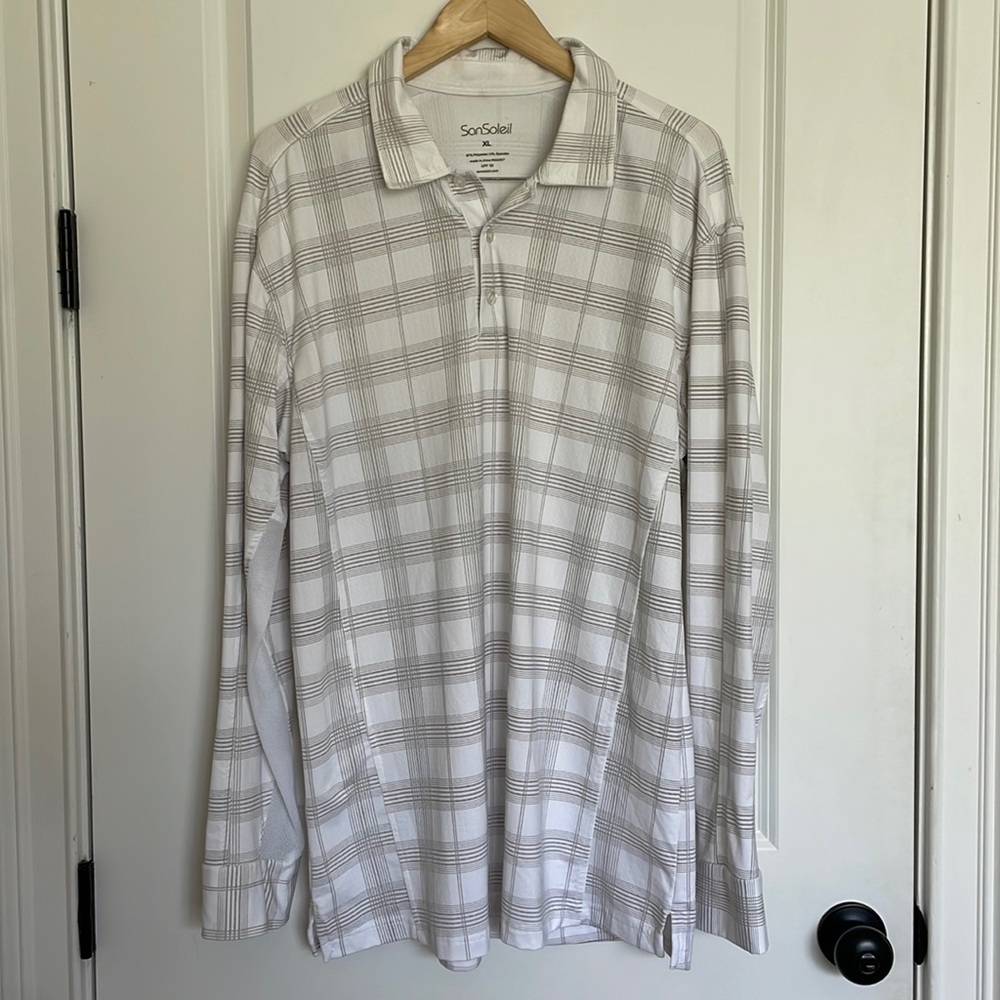 SanSoleil Men’s UPF 50 Plaid Long Sleeve Polo Shirt White/Taupe XL